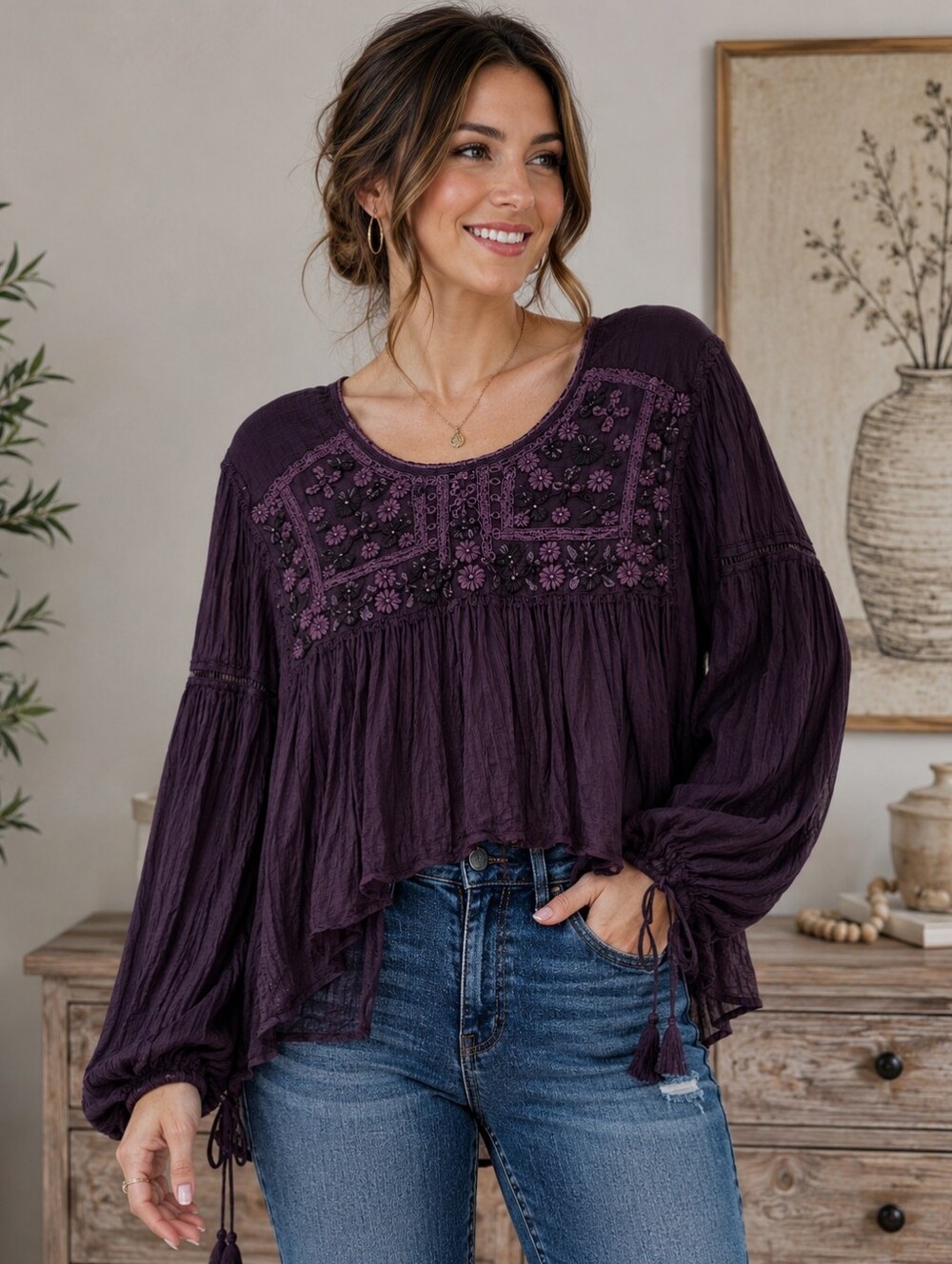 Free People Embroidered Boho Peasant Blouse - Small